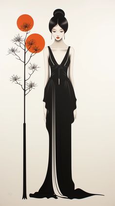 a woman in a black dress standing next to a tall tree with orange flowers on it