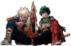 two anime characters sitting next to each other on the ground with swords in their hands