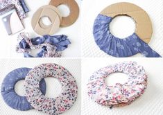 four different types of scrunffles are shown in three different pictures, one is blue and the other has pink flowers