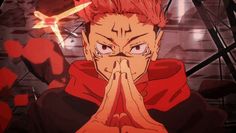 an anime character with red hair covering his face and hands in front of him, surrounded by other characters