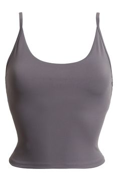 Narrow straps give a cami-hybrid look to a superstretchy tank ideal for workouts and active days. Scoop neck Adjustable straps Partially lined, with pockets to accommodate bra pads 75% nylon, 25% spandex Machine wash, tumble dry Imported Gym Camisole With Built-in Bra And Tank Straps, Sporty Cami Tank Top With Built-in Bra, Workout Top With Built-in Bra And Second-skin Fit, Yoga Tops With Built-in Bra And Second-skin Fit, Training Tank Top With Built-in Bra And Wide Straps, Gray Athleisure Tank Top With Built-in Bra, Seamless Second-skin Activewear For Sports, Sporty Seamless Second-skin Activewear, Sporty Seamless Tight Fit Activewear