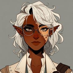 a woman with white hair wearing glasses and an elf's earring is staring at the camera