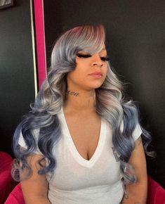 grey lace wig#wigs #wig #hair #frontal #lacefrontal #lacewigs #makeup #virginhair #wigmaker #lacewig #cosplay #hairstyles Blue Highlights Wig, Colored Straight Hair, Mix Of Colors, Creative Hair Color, Grey Wig, Blue Highlights