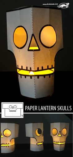 paper lantern skulls with glowing eyes and mouth are the perfect halloween craft for kids to make