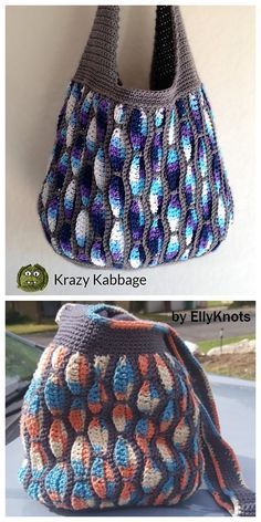 crocheted purses are shown in two different colors