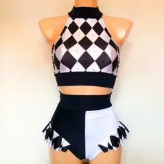 PLEASE READ ALL INFORMATION BEFORE ORDERING Robyn Hearts Training & Performance Wear. Dance, Aerial, Pole & Circus. "PIERROT-QUIN" Black & White Harlequin Pierrot Costume ~ High Neck Halter Top, with Colour Block* Split High Waist Pants and Harlequin Hip Frills. Finished With Black, White and AB Crystals. Fully lined in soft beige  Matching Cuffs Available Here : https://www.etsy.com/uk/listing/1505880121/ Handmade with Patterned & Matte Lycra, Fully lined for extra support and durability. Featu Aerial Costume Circus, Circus Performer Outfit, Acrobat Outfit, Circus Costumes Women, Cats In Halloween Costumes, Tap Dance Costumes, Circus Clothes, Acro Costumes