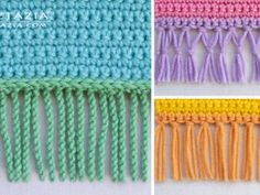 three different colors of crochet are shown in the same stitch, one is blue and