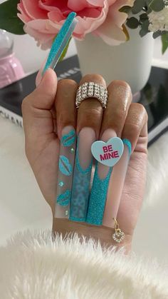 Blue Vday Nails, Valentines Day Nails Blue, Blue Valentines Day Nails, Blue Valentines Nails, Blue Valentine Nails, Valentines Nails Blue, Nails Ideas Purple, Nails Designs Black, Valentine Nails Design