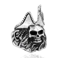 PRICES MAY VARY. Material: 316L Stainless Steel Color: Silver Weight: 20g (0.7oz) Available Sizes: 7, 8, 9, 10, 11, 12, 13 Theme: Skull & Skeleton Why choose Stainless Steel Jewelry? Stainless Steel jewelry does not tarnish and oxidize, which can last longer than other jewelries. It is able to endure a lot of wear and tear. And it is amazingly hypoallergenic. Such advantages make it a more popular accessory. Why need Stainless Steel Jewelry? High quality stainless steel has high resistance to ru Biker Rings Mens, Skull Rings, Skull Hat, Creative Pattern, Feather Ring, Pirate Skull, Biker Rings, Davy Jones, Gothic Rings