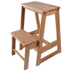 a wooden stool and table on a white background