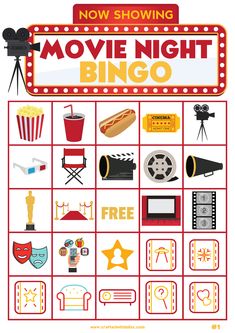 the movie night bingo game is shown in red and white