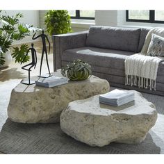 two large rocks sitting on top of a rug in a living room