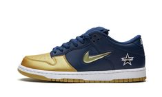 SB Dunk Low Supreme - Jewel Swoosh Gold/Navy Nike Sb Dunk Low, Sb Dunk Low, Nike Sb Dunks Low, Nike Sb Dunk, Nike Sb Dunks, Navy Shoes, Cheap Nikes, Sb Dunk, Navy Leather