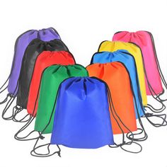 six drawsacks in different colors on a white background