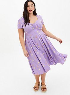 Disney Tangled Lavender Purple Retro Shirred Skater Midi Dress, PURPLE Tangled Dress, Disney Trip Outfits, Purple Retro, Plus Size Halloween Costume, Cheap Dresses Casual, Retro Collection, Polka Dots Fashion, Purple Midi Dress, Funny Disney