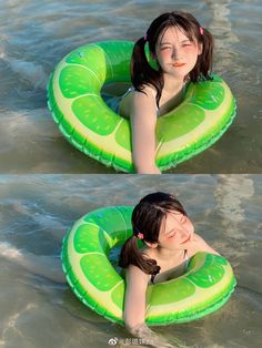 two girls are floating on inflatables in the water