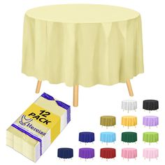 round table cloths with wooden legs and various colors for the tablecloth on each side