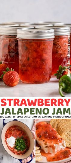 strawberry jalapeno jam in jars with crackers and strawberries