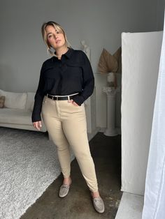 Great for casualwear or the workplace, the Plus Size Skinny Khaki Pants are versatile and a great item to have in your collection. These plus size skinny pants are good basics, perfect to pair with a cute blouse to work or wear with a tee for a casual look. These pants feature five pockets, a full length, functional belt loops, and a button and zipper fly. The material is a super comfortable and stretchy woven. These pants are made from 54% Lyocell, 33% Cotton, 11% Elasterell-P, and 2% Spandex P Khaki Pants Outfit Office, Plus Size Khaki Pants Outfit, Business Casual Outfits For Work Plus Size, Teacher Business Casual Outfits, Stitchfix 2024, Outfits With Khaki Pants, Tan Pants Outfit Work, Kakis Pants Outfit, Khaki Pants Outfit Women Work