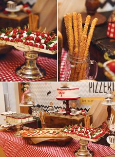 the dessert table is decorated with strawberries and pretzel sticks for an elegant touch