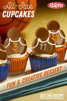 three cupcakes with chocolate frosting and numbers on them