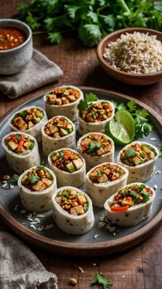 there are many sushi rolls on the plate with rice and garnishes