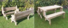 two wooden benches sitting in the grass next to each other