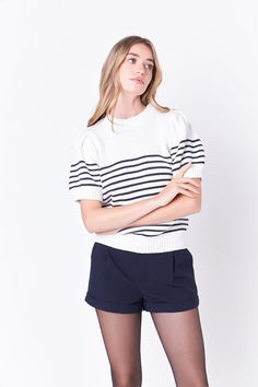 ENGLISH FACTORY - Striped Short Puff Sleeve Sweater with Buttons - SWEATERS & KNITS available at Objectrare Sweater With Buttons, Puff Sleeve Sweater, English Factory, Short Puff Sleeve, Striped Short, Wrap Sweater, Short Sleeved Sweaters, Contemporary Fashion, Striped Shorts