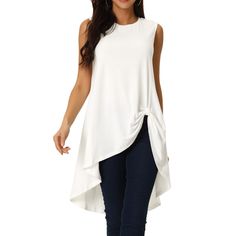 Perfect for both day and evening occasions, these blouses add a touch of elegance and style to any wardrobe. Made with soft fabric, this top ensures all-day comfort without compromising on style. Suitable for casual, holiday, beach, vacation, party, club, photo, dating, home, etc. A sleeveless high-low top for summer matches with any pants, high-waist jeans, leggings, and shoes like sandals, or heels. Sleeveless Solid Color Tops For Spring, Spring Sleeveless Solid Color Tops, Non-stretch Sleeveless Blouse, Chic Sleeveless Non-stretch Blouse, Casual Sleeveless Solid Color Blouse, Chic Non-stretch Sleeveless Blouse, Chic Sleeveless Solid Color Top, Chic Sleeveless Tank Top, Solid Color Sleeveless Top