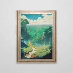 a painting hanging on the wall above a white wall with a brown frame and a river running through it