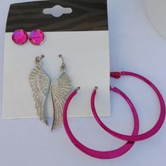 Lot Of 3 Earrings -Pink Studs -Silver Angel Wings -Pink Hoops J1 Cheap Y2k Pink Jewelry, Pink Earrings From Aliexpress, Gyaru Earrings, Mcbling Earrings, Pink Grunge Jewelry, Pink Dangle Earrings With Charms, 3 Earrings, Vintage Gold Earrings, Butterfly Earrings Gold