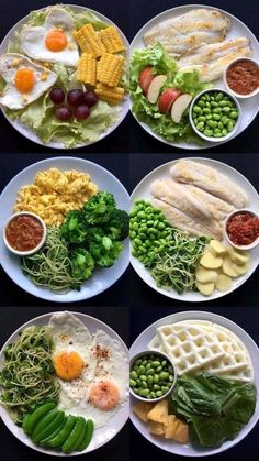 four plates with different types of food on them, each containing eggs, vegetables and meats