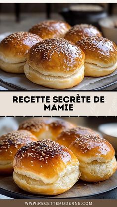 several different types of bagels with sesame seeds on top and in the middle, along with text that reads recette secrete de mamiee