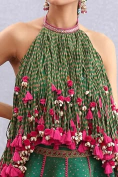 Layered Fringe, Lehenga And Blouse, Ropa Upcycling, Green Embroidery, Green Lehenga, Bohemian Lifestyle, Trendy Blouses