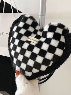 Bag For Love - Checkered Pattern Heart Design Fluffy Shoulder Tote Bag  - Women Tote Bags Black Shoulder Bag For Valentine's Day, Black Heart-shaped Shoulder Bag For Daily Use, Trendy Black Heart-shaped Shoulder Bag, Black Shoulder Bag For Valentine's Day Gift, Cute Black Bags For Valentine's Day, Black Heart-shaped Bag For Gift, Fur Bag, Adjustable Bag, Black And White Fabric