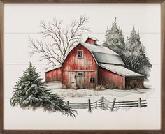 a painting of a red barn in the snow