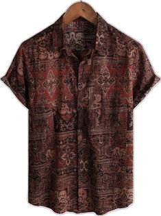 Brown Summer Beach Shirt, Brown Relaxed Fit Shirt For Summer, Brown Relaxed Fit Summer Shirt, Brown Summer Camp Shirt For Vacation, Summer Beach Shirt In Patterned Design, Bohemian Brown Shirt For Summer, Brown Printed Shirt For Summer, Casual Patterned Hawaiian Shirt With Relaxed Fit, Bohemian Brown Summer Shirt