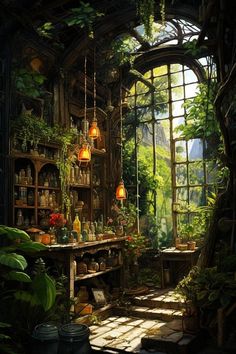 an image of a room that has plants in the window and potted plants on the shelves