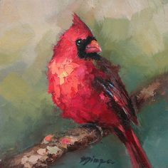 a painting of a red bird sitting on a branch