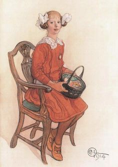 a painting of a woman sitting in a chair with a basket on her lap and looking at the camera