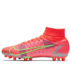 the nike superfly fg soccer cleat is shown in neon pink and green