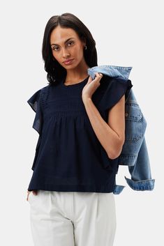 Aida Organic Cotton Blouse - Navy Blue– Amour Vert Summer Clothing, Cotton Blouse, Navy Blue Color, Neck Ruffle, Pin Tucks, Cotton Blouses, Autumn Summer, Matching Sets, Summer Outfits