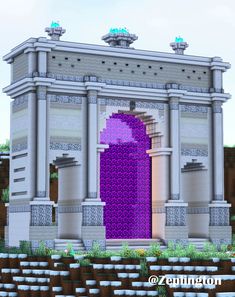 an image of a purple door in the middle of a building with steps leading up to it