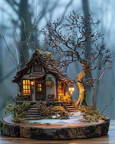 a miniature house with a tree in the front and stairs leading up to it's roof