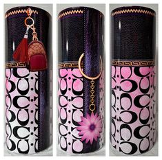 three different types of purses with pink flowers on them and one has a tassel hanging from the handle