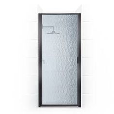 an oil rubbed bronze shower door with black frame and frosted glass, shown against a white tile wall