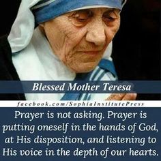 an old woman with a blue headband holding her hands up to her chest and the words, blessed mother teresa