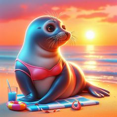 a seal on the beach with a drink in front of it and an orange sunset behind it