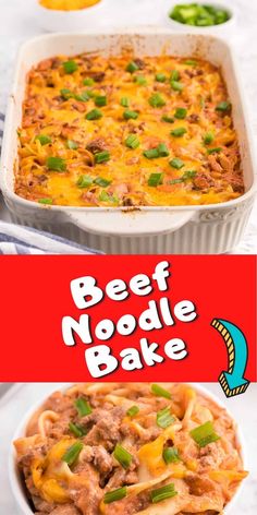 beef noodle bake in a casserole dish with green onions and cheese