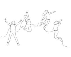 three people jumping up in the air with their arms spread out and one person holding his head